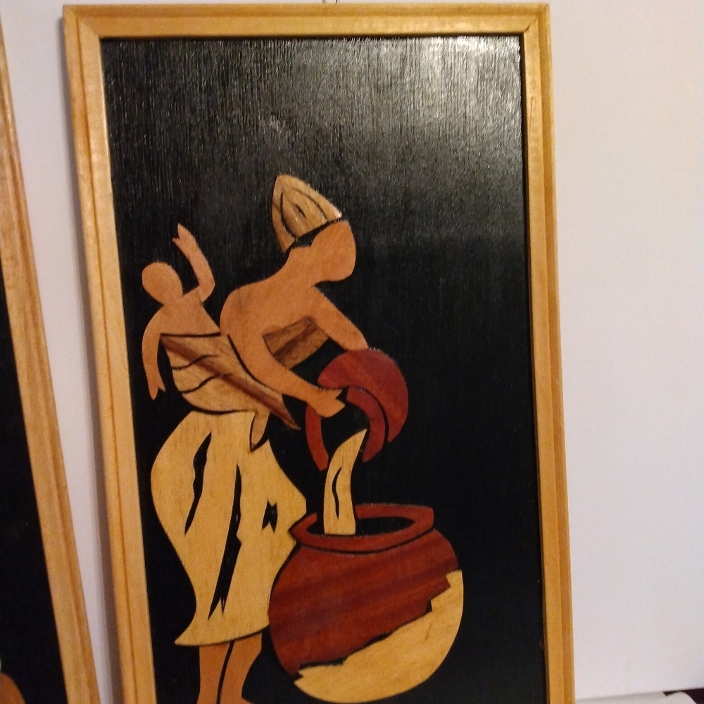 Ghana Africa marquetry pictures. Wood on wood. Framed. - Picture 2 of 4